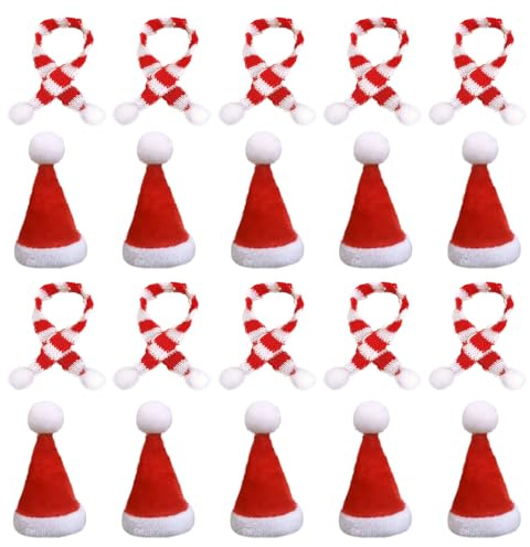 SKHAOVS Mini-Weihnachtsmütze und Mini-Weihnachtsschal, Mini-Weihnachtsmannmütze, Mini-Mütze, Schal, Fingerhut, Mini-Weihnachtsdekoration, niedliches Weihnachtszubehör für Weihnachtsfeier, 20 Stück