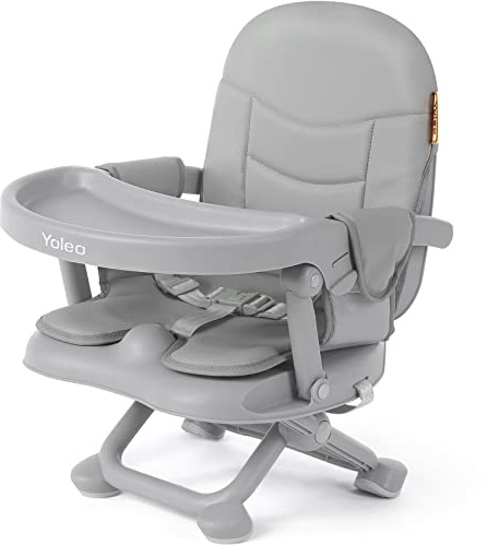 YOLEO Silla para Comer, 35 x 34 x 50 cm, Ajustable y Plegable, Bandeja Desmontable (Gris con cojín)