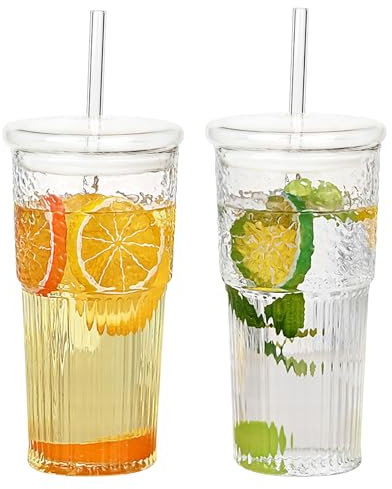 GOSCHE Glass Cups with Lids and Straws, 590ml/20 oz Iced Tea Coffee Cups, Vintage Ripple Glassware Set, Wide Mouth Glass Tumbler with Straw for Water Coffee Tea 2 PCS, Clear