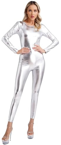 TiaoBug Damen Metallic Gymnastikanzug Slim Fit Stretch Ganzkörperanzug Langarm Overall Jumpsuit Skinny Hose Einteiler Fitness Yoga Outfits