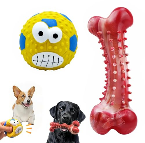 VireEyU Set de Juguetes para Perros, Juguete para Masticar de Caucho Natural y Pelota Squeaky de Látex, Resistente para Perros Medianos y Grandes, Perfecto para Masticar, Traer y Juego Interactivo