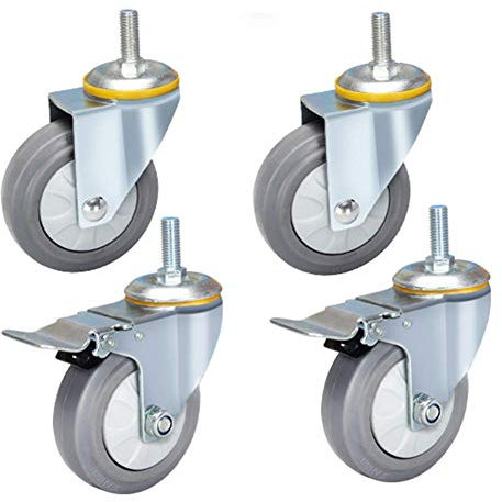 MUCSAH Roulettes À Plaques M12 Filetage Lourd Roulette Silent Caoutchouc Tige Roue Industrielle Universelle Chariot Rotatif Transport Pied Roue Avec Frein 440Kg Usine Hôtel Hôpital Chariot/2 Freins Un