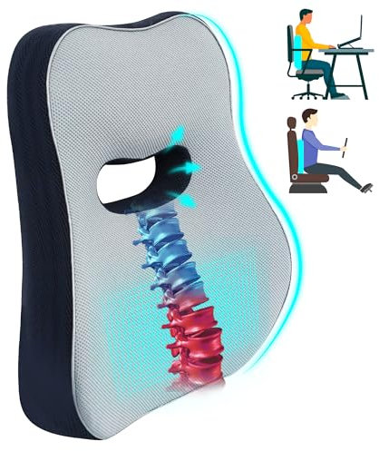 Allaboutsla Lumbar Support Pillow for Car, Comfy Memory Foam Back Support for Office Chair - Lumbar Pillow for Back Pain Relief, Back Support for Car-Office Chair, Wheelchair, Desk Chairs - Gray&Navy