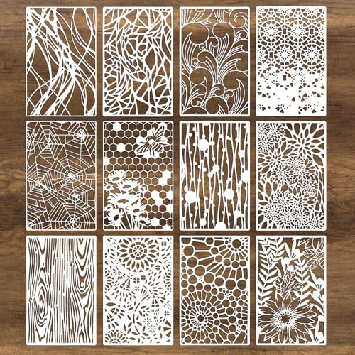12Pcs Texture Stencils for Crafts Reusable, Mixed Media Stencils for Painting, Wood Grains Flower Templates Spider Web Layering Spray Paint Stencil Kit on Wall Canvas Cake Card DIY Art (11×7'')