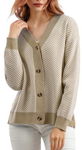 MGizo DtiSpectrum Cardigan a Righe Jacquard da Donna - Cardigan Lavorato a Maglia con Maniche Lunghe e Scollo a V, Giacca Lavorata a Maglia a Coste Aperta sul Davanti, Maglione Oversize