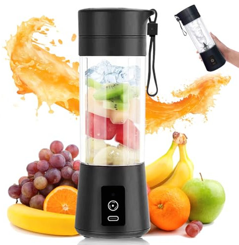 Glowing Essentials Portable Blender for Shakes and Smoothies 380ML Personal Fruit Mixer with USB-C Charging Cable & User Guide, 2000MaH USB Rechargeable Blender for Travel, Office and Sports (Black)