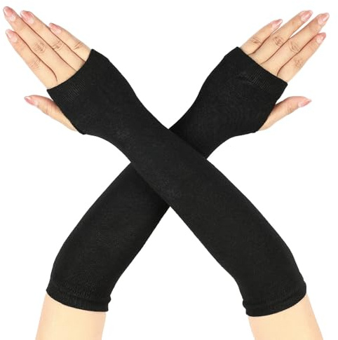 CVNRCLP Women's Long Black Fingerless Arm Warmers – Thermal Stretchy Knit Gloves with Thumb Hole, Elbow Length Winter Gloves for Enhanced Warmth & Style