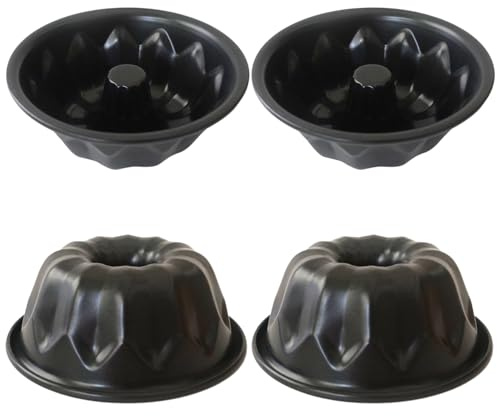 Proshopping 4 Inch Small Buntz Cake Pan, Special Fluted Tube Cake Pans, Nonstick Individual Kugelhopf Molds - Black, 4Pcs