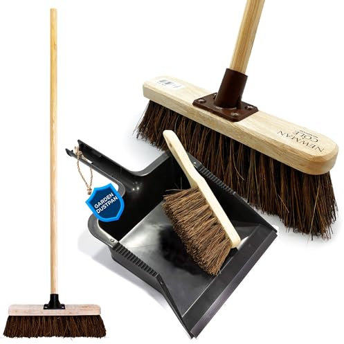 Garden Broom and Dustpan and Brush Sets for Garden and Outdoor Cleaning, Leaf Collector Broom with Large Dustpan and 120cm Handle, Stiff Hand Brush, Serrated Edge for Debris, Brush and Pan Set