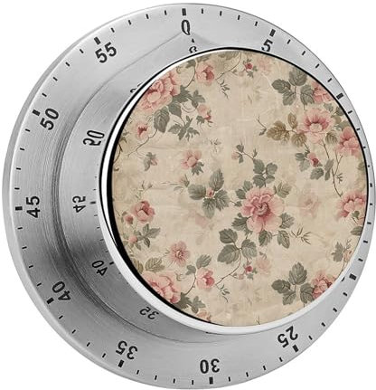 Kitchen Timer Magnetic Stainless Steel,Retro Floral Pattern Printed Mechanical Manual Timer for Fitness Projects Kitchen Learning Countdown Timer
