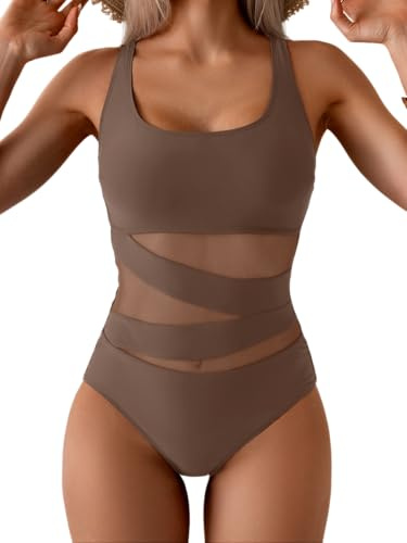 B2prity Women's Mesh One Piece Swimsuit Tummy Control Sexy Bathing Suit Push Up Swim Suit Slimming Swimwear Brown