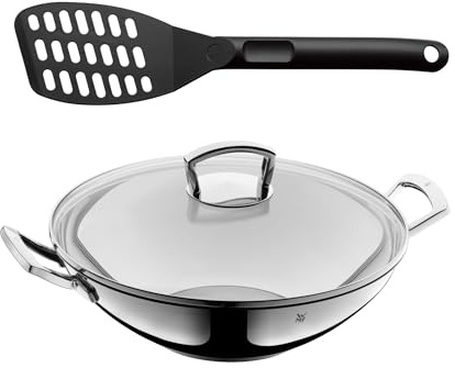 WMF Set 2-teilig Wok Induktion mit Glasdeckel 36 cm, Wokpfanne Induktion, Cromargan Edelstahl, spülmaschinengeeignet Pfannenwender Kunststoff 31 cm, Wender mit Ablage-Knick und Aussparungen