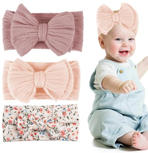 OHREN Lot de 3 Bandeaux élastiques Doux et Mignons avec nœuds, pour bébé Fille, en Nylon pour bébé, pour Les Petites Filles comme Accessoires Photo de bébé, Bandeaux bébé fille 0-3 mois et 6-12 mois