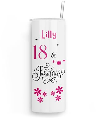 Personalised Birthday Fabulous Design 20oz White Skinny Stainless Steel Tumbler|Travel|Coffee Mug with Straw Gift for 18th|21st|30th|40th|50th|Girls|Women|Her|Daughter
