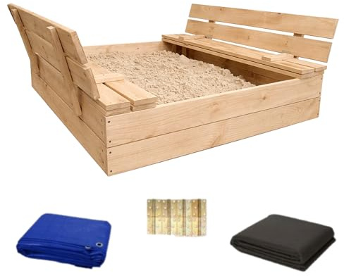 Bac à sable avec banc, 100 x 100 cm, couverture, bois imprégné, bac à sable pour enfants, aire de jeux