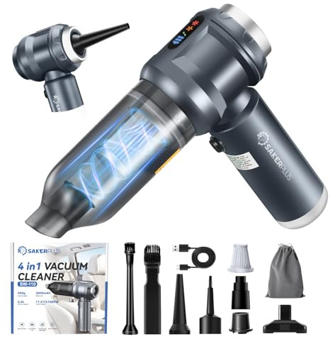 SakerPlus 4 in 1 Handheld Car Vacuum Cleaner & Air Duster, 17500PA High Power Rechargeable Portable Vacuum Cleaner with LED Light, Multi Nozzles for Car, Home, Office - Perfect for Men and Family
