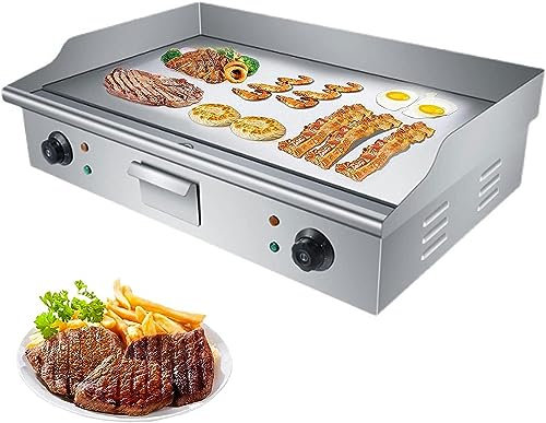 Commercial Electric Counter top Griddle Flat with Dual Temperature Control 50-300℃ and Oil Top Grill Hot Plate BBQ, 4400W Stainless Steel Grill for Kitchen Und Restaurant Leaking Hole