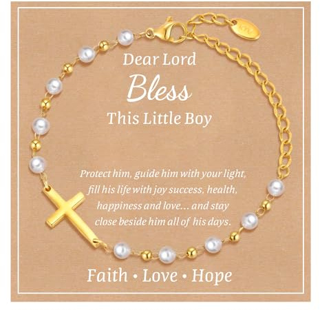 MEALGUET Baby Baptism Cross Bracelet Gift : 18k Gold Plated Delicate Pearl Cross Bracelets Children Kids Daughter Grandson Son Birthday First Communion Confirmation Gifts Christian Jewelry for Boys