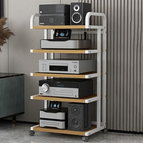 Generisch Moderner 5-stufiger Media-Stereoschrankständer mit Rädern – Robustes Audio-Video-Tower-Rack, Eckaufbewahrung aus Holzregalen für TV- und HiFi-Entertainmentsysteme