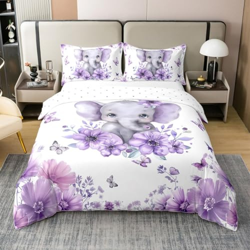 Kinder Elefant 100% Baumwolle Bettwäsche Set 155x220 für Kinder Erwachsene,Süß Zoo Tier Bettbezug,Lila Blumen Tröster Abdeckung,Fliegender Schmetterling Bett Set 1 Kissenbezug Schlafzimmer Dekor