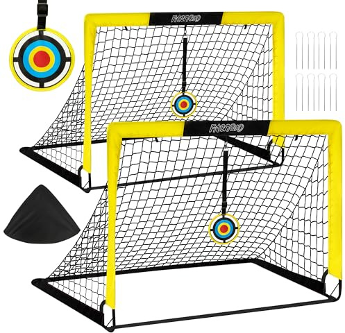 Fitencexu Pop-Up Grind trädgård (120 x 90 x 90 cm) – [set om 2] barn fotbollsmål utomhus med målskivor, robust glasfibermaterial, komplett set med markankare och transportväska (gul)