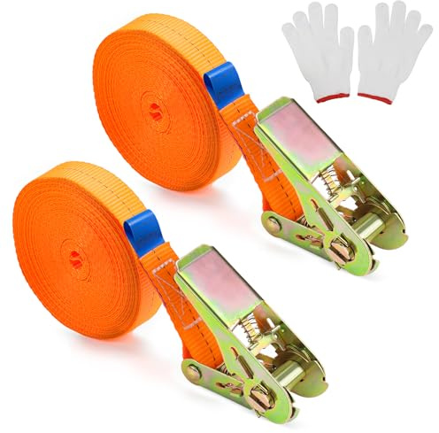 Sangle à Cliquet 8m Sangle d'Arrimage Robustes Sangles de Serrage en Polyester pour Transport de matériel, Moto Voiture déménagement Bagage et Camping 2 Pcs Orange