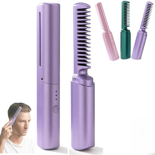 Plancha De Pelo PortáTil InaláMbrica,Miniplancha Viaje,Cepillos TéRmicos Recargables,3 Ajustes Temperatura,Peine MáS Ancho Para Uso Diario,DiseñO Duradero Y Respetuoso Con El Cabello(Color:Purple)