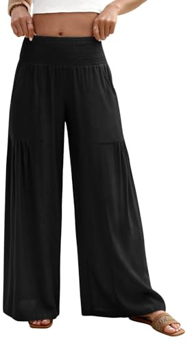 Fashora Pantalones Mujer Verano Pantalon Lino de Algodón Ligero Causal Anchos Pantalones Cintura Alta Elástica Cómodos Flojo Playa Pantalón Fluido Largos con Bolsillos