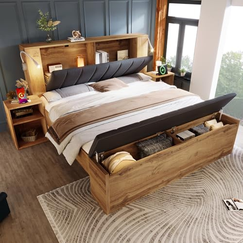 ZIDEY Doppelbett 180x200cm, Stauraumbett Holzbett mit Bettbank & Stauraum Kopftei, Bettgestell mit 2 Nachttische und Lattenrost, Jugendbett, Bettrahmen, Eiche, ohne Matratze