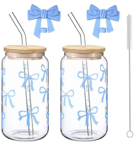 VIQIHEOE 2 pezzi Bicchieri in vetro, 500ml Bicchieri ad arco in vetro con coperchio e cannuccia, Bicchieri con fiocco, Bicchiere per caffè freddo in forma di barattolo, Bicchiere versatile con