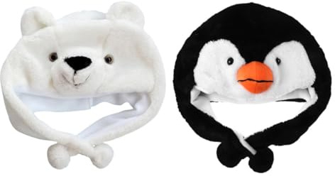 Mikikit 2 Stück pack Plüsch Tiermützen Weiche Pinguin und Eisbärenhüte mit Elastischer Passform Atmungsaktive Cartoon Hüte für Kleinkinder Verkleidung und Winter Draußen