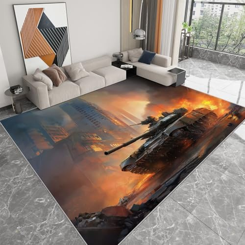 Alfombra Lavable a Máquina 80 x 150 cm Ciudad Guerra Tanque Llamas, Pelo Corto Antidesprendimiento Antideslizante Gris - Alfombra Estampada para Salón Dormitorio Cocina Pasillo Oficina Sala de Juegos