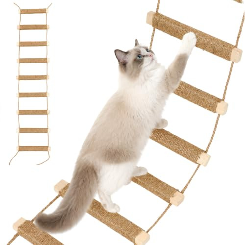 Cat Ladder Wall Mounted, 3 in 1 Wooden Sisal Cat Rope Ladder Climbing Bridge Hammock, Foldable Jute Cat Scratching Post Walkway for Cat Wall Shelves Perch Platform Indoor Cats