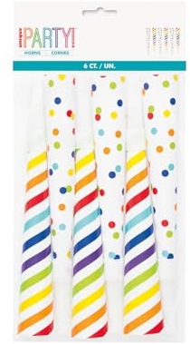 Générique -Cornes de Fête Fauteur de Bruit-Pois et Rayures Arc-en-Ciel-Assortiment de 6, 93475, Multicolour, Taglia Unica