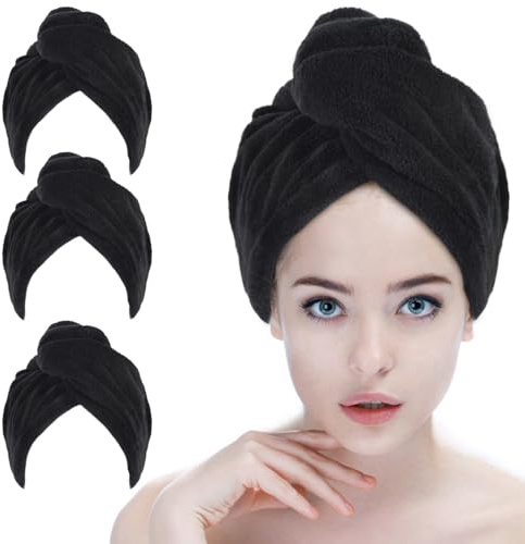 SINLAND 3 Stück Microfiber Haarturban Haartuch für Frauen 25x65 cm | super saugfähiges Haarhandtücher schnell trocknendes Kopf Handtücher mit Knopf Haartuch zum Trocknen Langer Haare fusselfrei