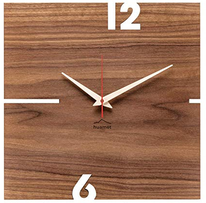 huamet Wanduhr Holz PUHR aus Nussholz, eckig - einzigartiges Design, geräuschlos ohne Ticken - Qualitätsprodukt Made in Südtirol - CH11-B-00