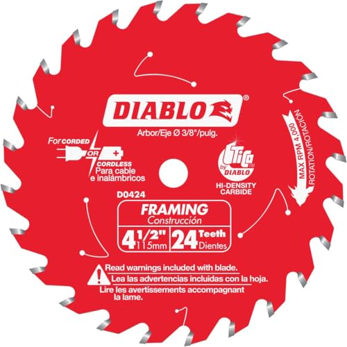 Diablo Framing Saw Blade for Wood - 4-1/2 Diameter, 24 Teeth, .059 Kerf | 20° Hook Angle, 4000 Max RPM, Tico Hi-Density Carbide, Non-Stick Perma-Shield Coating - D0424X