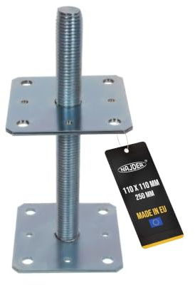 NAJDER Pfostenträger 110x110 mm Höhenverstellbar 250 mm Regulierbar Gewinde M24 mm Bodenfuß Silber Verzinkt Höhenverstellbar Betonfuß Zum Aufschrauben Stützenfuß (110x110x250 mm)