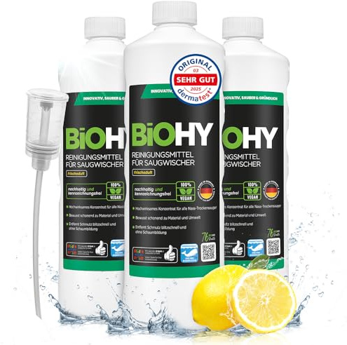 BiOHY Rengöringsmedel för sugmopp med fräsch doft (3 x 1 liter) doserare | 1:200 koncentrat för alla våt- och torrdammsugare | perfekt för kakel, PVC, parkett, laminat och matta | remfri
