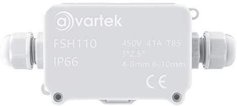 AVARTEK - IP66 Junction Box Waterproof, 2-Way Outdoor Extension Electrical Cable Protector, PG9 Connector Gland, Cable Diameter Ø 4mm-8mm (White)