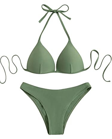 GORGLITTER Damen Push Up Bikini Sets Triangel Bademode Neckholder Swimsuit Zweiteiligwe Badeanzug Armeegrün M