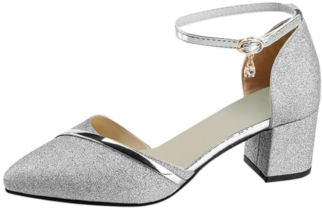 Momolaa Womens Heels Ankle Strap Court Shoes Block High Heel Chunky Dress Sandals Closed Pointed Toe Heels Wedding Party Pumps Slip On Low Heel Party Courts Pump Size 3.5 6#Silver