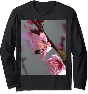 Honey Bee Feeding on Peach Tree Blossom Long Sleeve T-Shirt