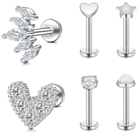 Briana Williams 6 Piezas 16G Tragus Pendientes Acero Inoxidable Labret Studs Labios CZ Rosca Interna Helix Cartílago Piercing Joyas