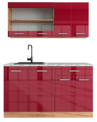 Vicco Singleküche R-Line, Rot Hochglanz/Goldkraft Eiche, 140 cm, AP Marmor, geeignet für freistehende oder wandnahe Montage