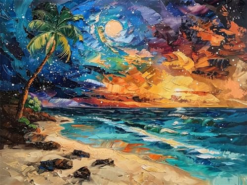 Malen nach Zahlen Erwachsene Strand Baum, DIY Malen nach Zahlen Leinwand Paint by Numbers mit Pinseln und Acrylfarben Handgemalt Ölgemälde, für Wanddekor, Mädchen Geschenk, Ohne Rahmen 40x55cm G4-369