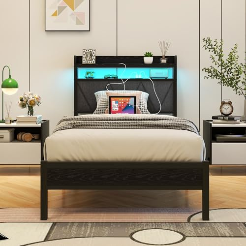 VERFARM - Telaio letto singolo da 0,91 m con luci LED, testiera imbottita con spazio per riporre oggetti e stazione di ricarica, letto a piattaforma in metallo solido, misura singola, senza molle
