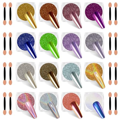 SIUSIO 16 Gläser Chrome Nagelpulver Nagelkunst Glitter Dekoration Metallische Spiegel Effekt Holographische Aurora Chameleon Pigment Pulver Kit 0,35g / Jar Perle für Harz Handwerk & Nagelkunst