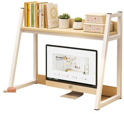 DSeenLeap Ladder Bookcase for Computer Desktop, 1-Tier Multipurpose Countertop Bookshelf, Multi-Function Storage Display Shelf Organizer Rack for Home Dorm Office Supplies (Oak Color + White 115CM)