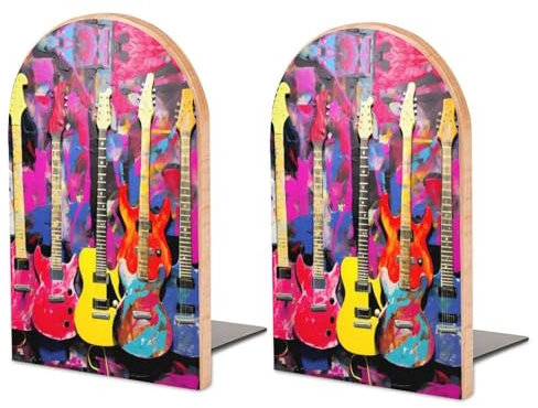 2 Stück Buchstützen aus Holz, Buchstützen in Form Einer Kunstgitarre für Regale, rutschfeste Buchstützen für Büro, Zuhause und Küche, Buchstützen zum Aufbewahren von Büchern, 12,7 x 7,6 cm